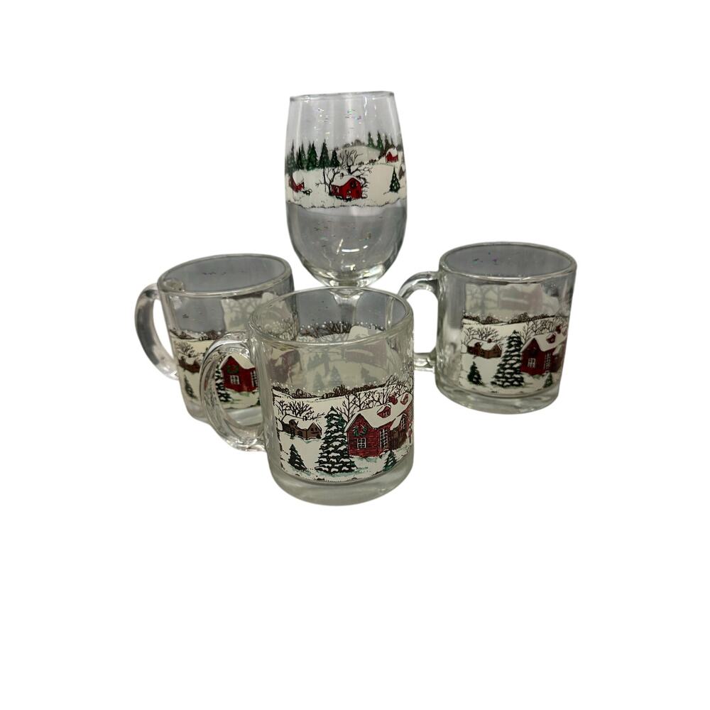 3 mugs 1 wine Vintage Libbey Currier and Ives Christmas Glass Mugs Winter Snow